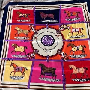 Equestrian 100% Silk Scarf  “Saratoga Rocks” 38”x 40” vibrant colors detailed‌